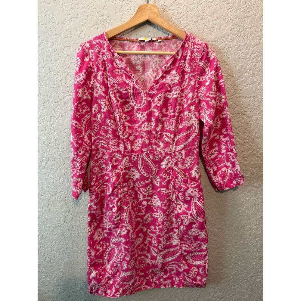 Boden Linen Paisley V-Neck Dress 6L Pink White Boho Preppy Summer